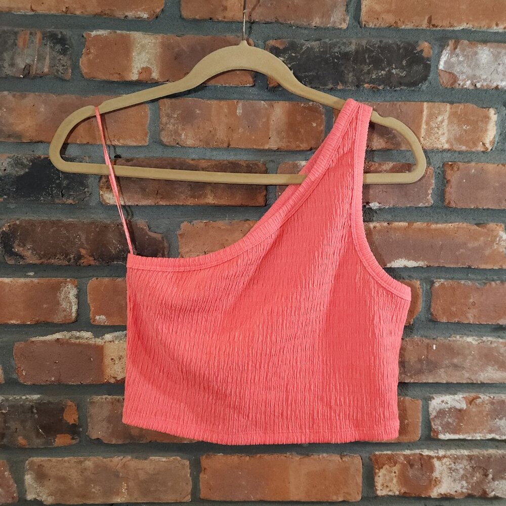 American Eagle Textured One-shoulder Crop Top in Coral Summer Women's L NWT - Picture 3 of 6